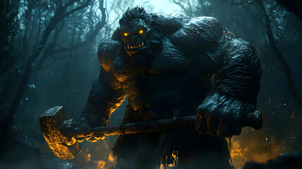 A Hulking Monster Wields a Massive Hammer in the Dark Forest