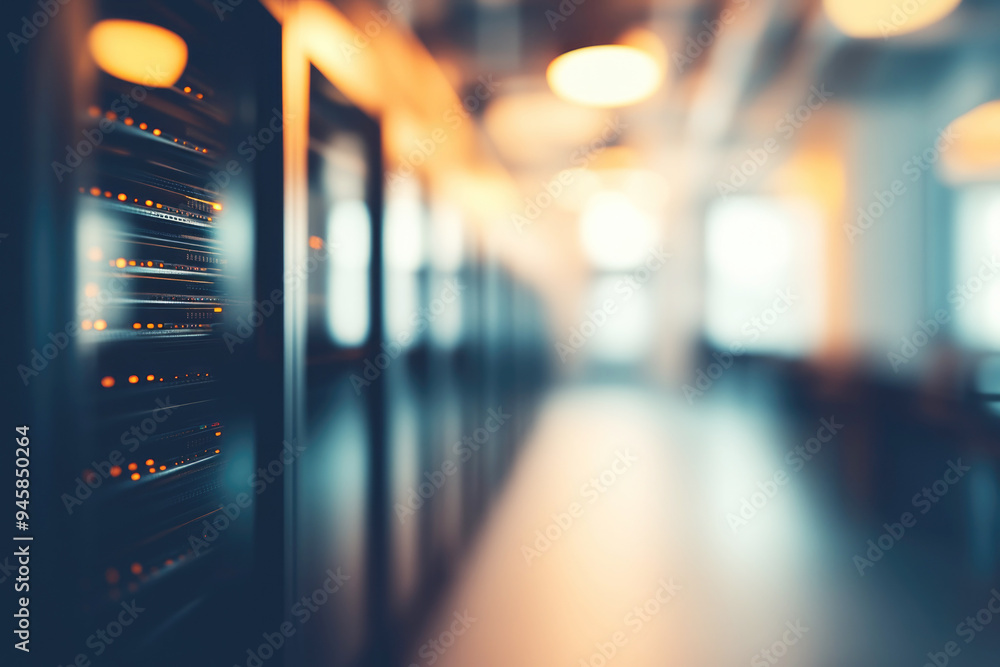 Poster a data center with server racks glowing with rows of indicator lights, representing modern digital i
