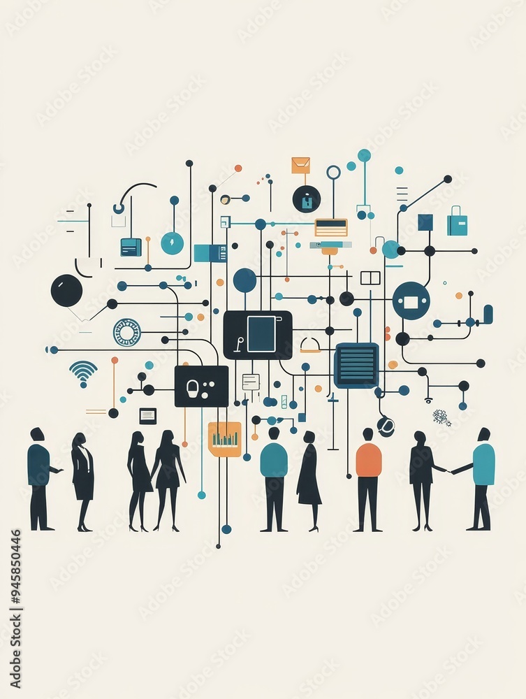 Aufkleber a diverse group of business professionals stand connected by a network of lines and symbols represen