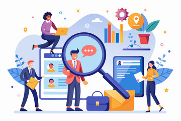 Search new job, finding candidate or discover talent, hiring and recruitment, SEO search engine optimization, find career opportunity concept, business people HR push magnifying glass on search bar.
