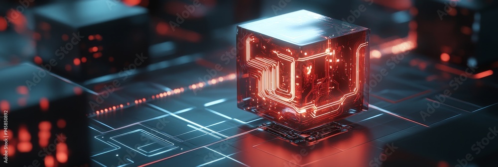 Poster a glowing red cube with intricate circuit patterns rests on a futuristic digital landscape, symboliz