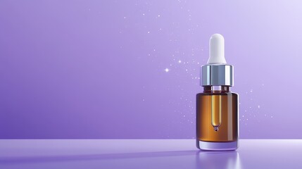 A glass bottle of serum with a dropper, showcasing a luxurious and elegant design. The serum is depicted against a shimmering purple background, symbolizing beauty, rejuvenation, and self-care. The bo