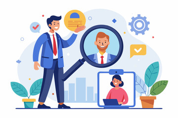 Search new job, finding candidate or discover talent, hiring and recruitment, SEO search engine optimization, find career opportunity concept, business people HR push magnifying glass on search bar.
