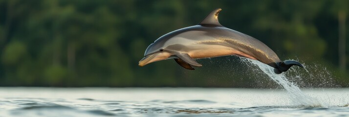 A graceful dolphin leaps out of the water, its sleek body arcing through the air. The dolphin's powerful tail propels it forward, creating a spray of water behind it. The image captures the energy and