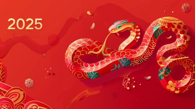 a red paper-cut snake with golden patterns and the numbers ''2025''. symbolizes the Lunar New Year of China. 2025 to be year of the snake.
