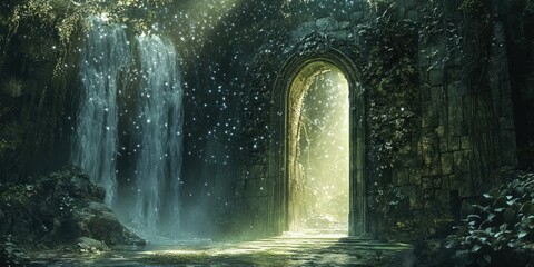 Fototapeta premium A magical forest gateway with a waterfall.