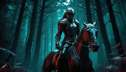 Fototapeta premium A mysterious warrior on a horse in a dense forest with towering trees
