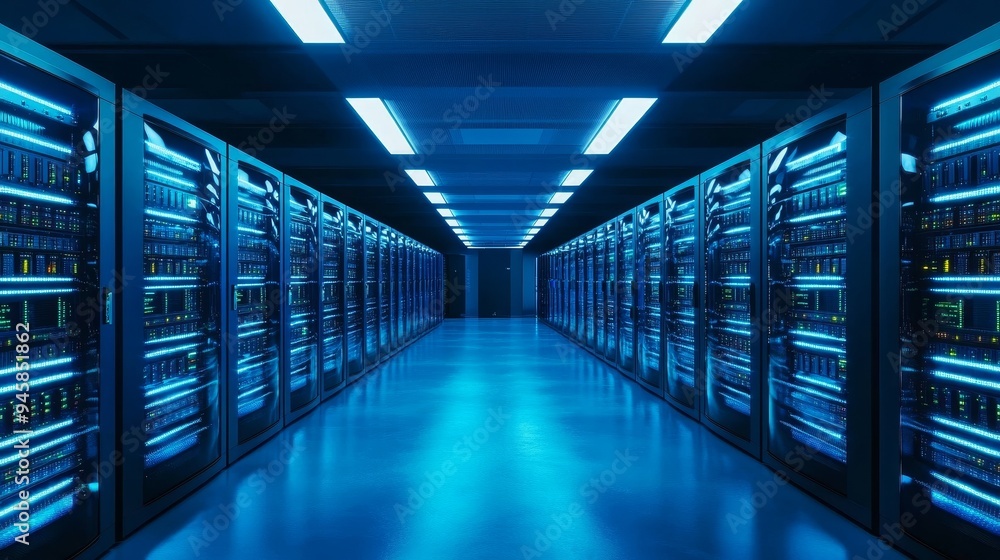 Aufkleber a long hallway in a data center, featuring rows of powerful server racks with glowing lights, repres