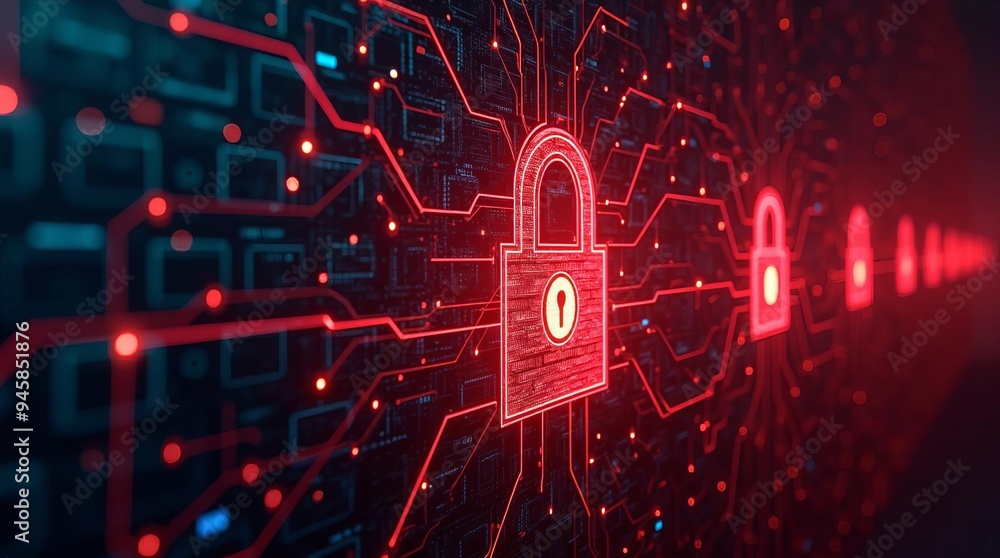 Poster cybersecurity padlock network: digital protection system with glowing red locks safeguarding data tr