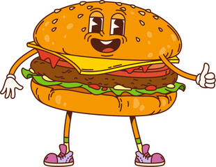 Burger retro groovy barbeque character. Isolated cartoon vector cheerful, delicious bbq hamburger fast food personage wearing sneakers, stands with thumb up gesture, expressive eyes and happy smile