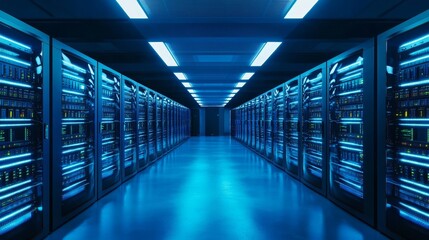 Fototapeta premium A long hallway in a data center, featuring rows of powerful server racks with glowing lights, representing the heart of modern technology and digital infrastructure.