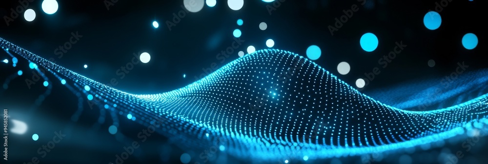 Poster a mesmerizing abstract digital background featuring a blue glowing wave composed of countless dots, 
