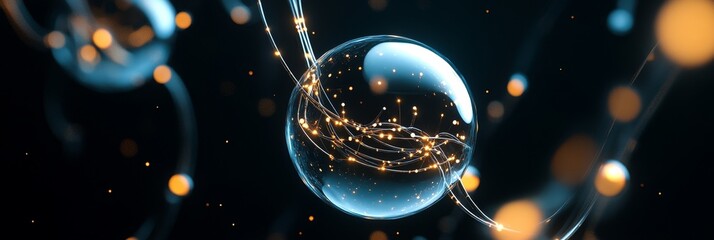 A mesmerizing abstract image depicting data particles forming a complex network within a sphere. The image symbolizes connection, innovation, technology, communication, and the interconnectedness of d