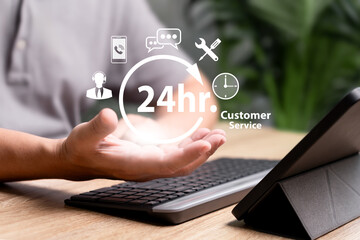 Customer service 24 hr. concept, A man officer uses tablets online to support Customers with full-time available contact service, problem Assistance To ensure customer satisfaction
