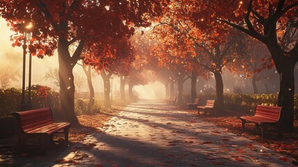 Romantic Path in Red Tree Park. AI generated illustration.