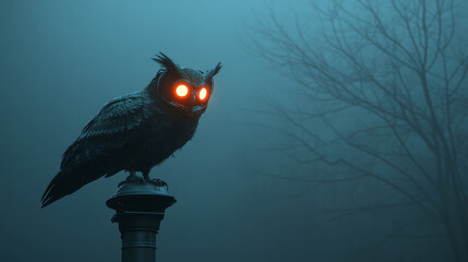 Fototapeta premium A mechanical owl with glowing red eyes is perched on a streetlight in a foggy night, creating a mysterious and eerie atmosphere. The owl's mechanical nature, the fog, and the owl's piercing gaze symbo