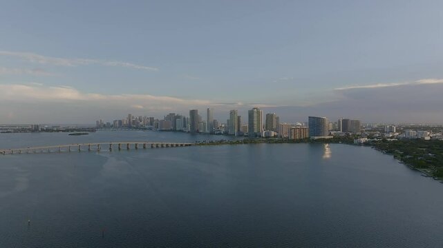 Aerial view of biscayne bay with julia tuttle causeway and modern skyscrapers, miami, united states.