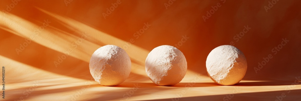 Poster a minimalist composition featuring three white textured spheres arranged in a row against a warm ora