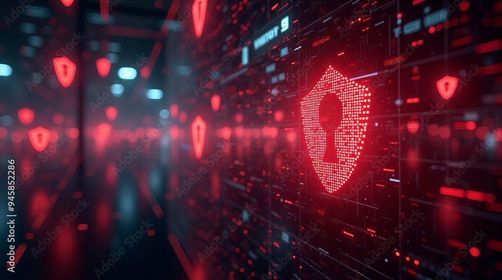 Poster digital security shield: futuristic cybersecurity protection with glowing red barrier in virtual spa
