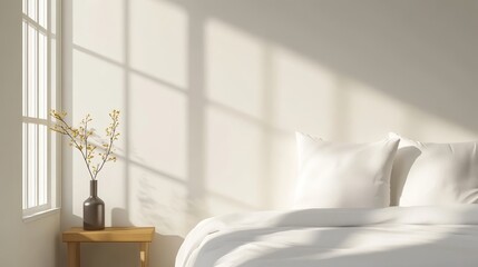 A minimalist bedroom with white decor and pillows, bathed in soft sunlight streaming through a window. The room evokes a sense of calm, relaxation, and tranquility, ideal for a peaceful sleep or a qui
