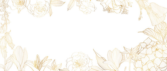 Golden garden flowers Background Illustration. Garden line flowers frame.  Summer time border frame. 
