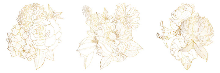 Decorative golden peony roses flowers, design elements. Can be used for cards, invitations, banners, posters, print design. Golden floral background in line art style.