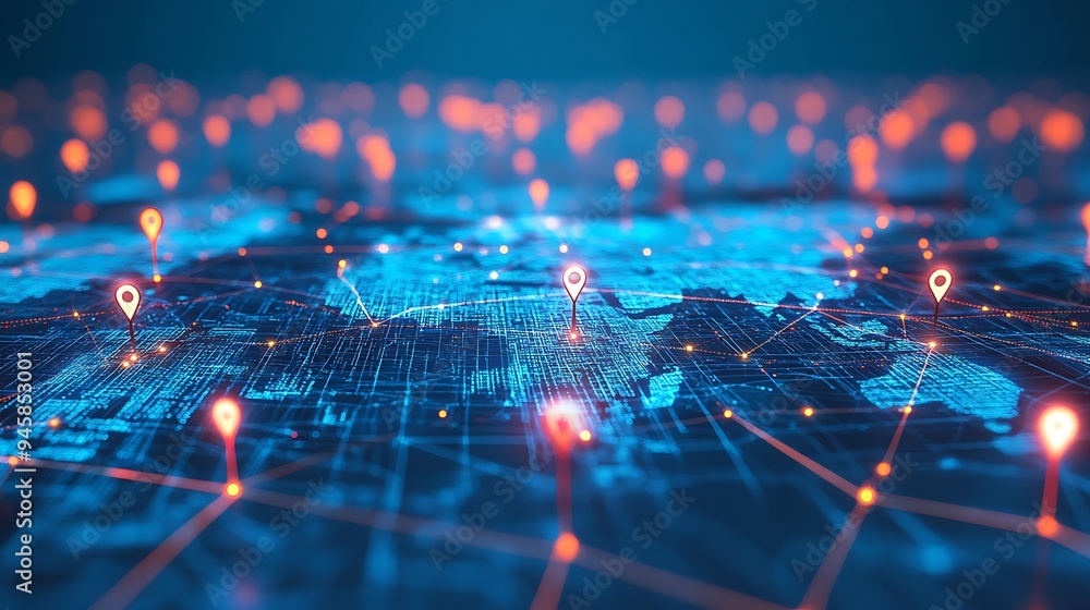 Poster colorful location markers on a digital map representing global connectivity and navigation