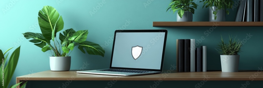 Poster a modern workspace featuring an open laptop displaying a shield icon symbolizing online security, su