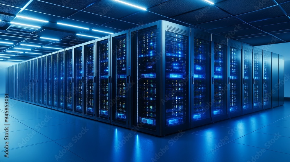 Poster a modern server room with rows of powerful computing equipment, showcasing advanced technology and t