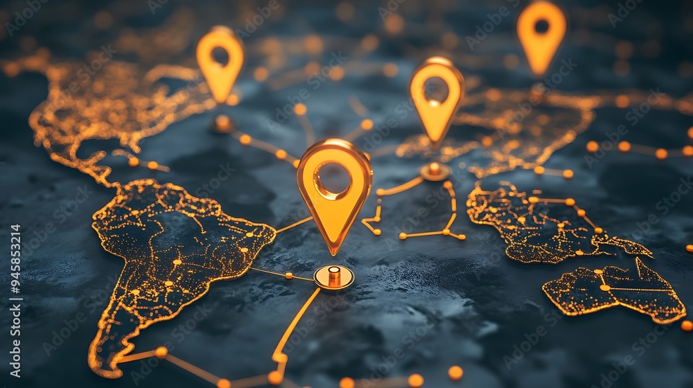 Poster colorful location markers on a digital map representing global connectivity and navigation