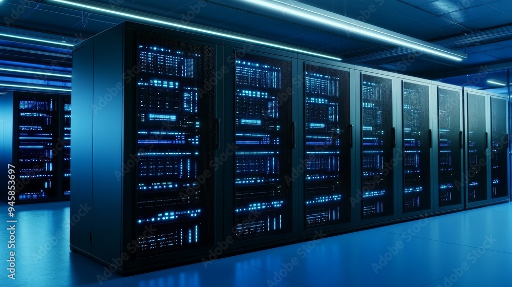 Poster a row of powerful server racks illuminate in a state-of-the-art data center. the blue glow of the se