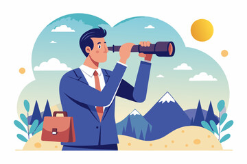 Search for opportunity, business vision, success direction or finding new employee, career future, secret discovery or research concept, businessman look through telescope or binoculars with big eye.
