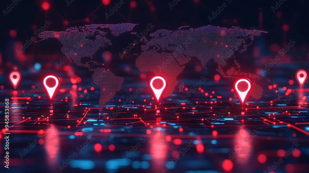 Poster colorful location markers on a digital map representing global connectivity and navigation