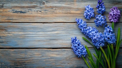 Hyacinth blooms spread across a rustic wooden surface, with clear space for copy or messages.