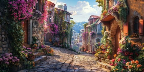 Fototapeta premium Cobblestone street lined with blooming houses.