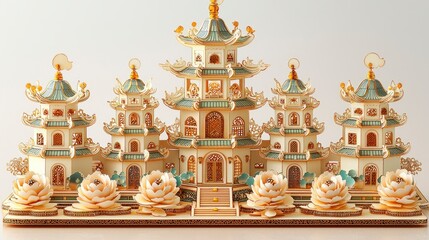 Fototapeta premium Chinese Temple Papercraft Model with Flowers