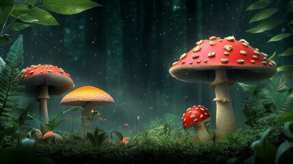 Fototapeta premium A serene forest scene with glowing mushrooms, signifying growth, wonder, and the hidden magic of nature. The soft light creates a mystical atmosphere, evoking a sense of peace and tranquility.