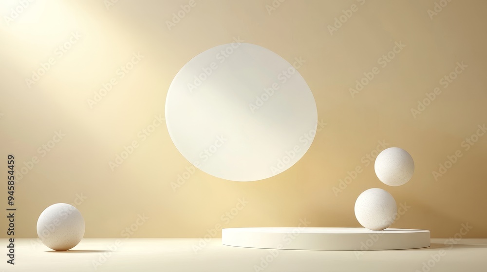 Poster a simple, modern composition featuring a circular platform, floating spheres, and a large circle. th