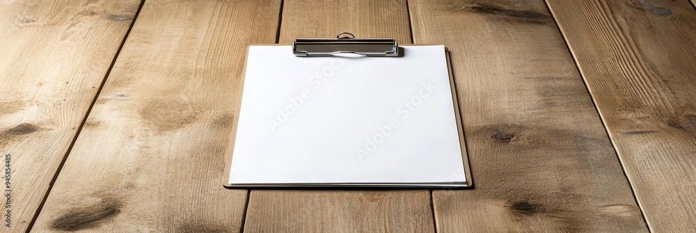 Poster a simple yet elegant image of a blank clipboard placed on a wooden table. this image can be used for