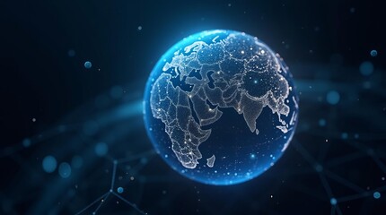 Global Digital Network: Illuminated Earth Hologram with Connected Data Points Representing Worldwide Information Exchange