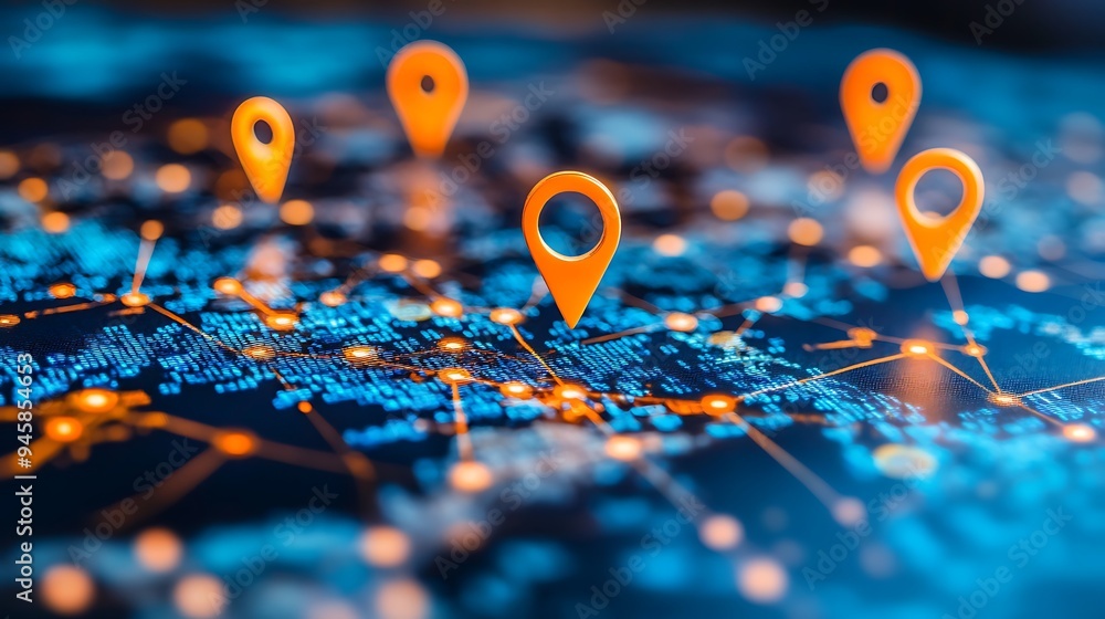 Poster colorful location markers on a digital map representing global connectivity and navigation