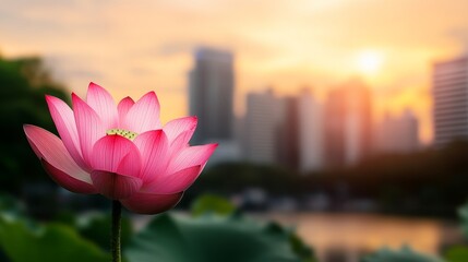 A single pink lotus flower stands gracefully against a backdrop of a city skyline as the sun sets. This image symbolizes purity, serenity, resilience, beauty amidst chaos, and the balance between natu