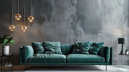 Modern living room with a teal sofa and stylish lighting against a textured wall.