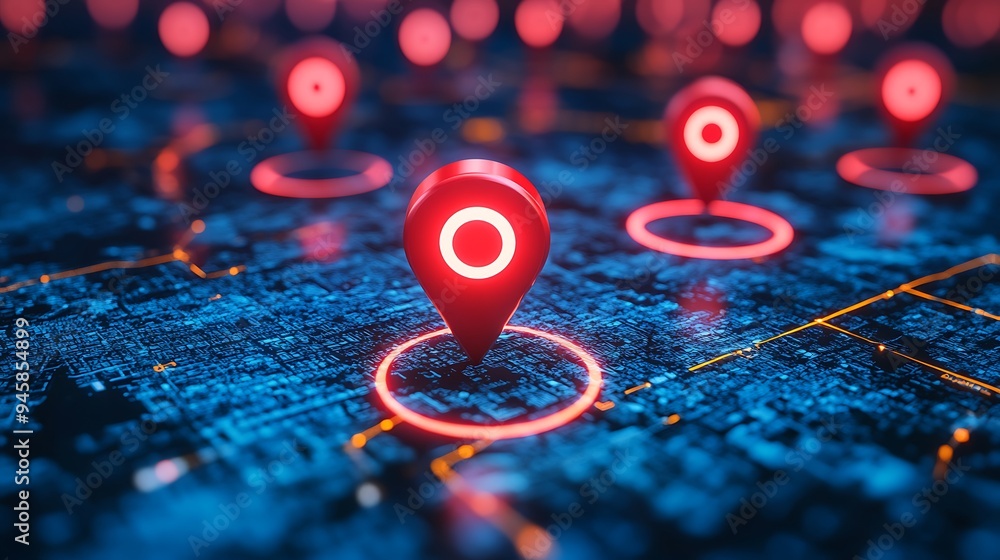 Poster colorful location markers on a digital map representing global connectivity and navigation