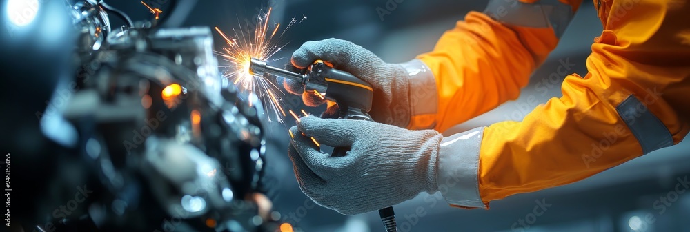 Poster a skilled mechanic meticulously works on a machine, using specialized tools to ensure precision and 