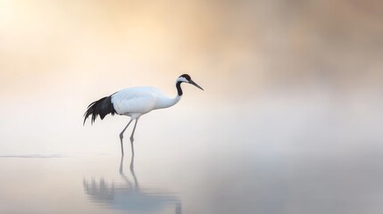 Obraz premium A solitary crane gracefully walks through tranquil waters, bathed in the soft glow of sunrise, symbolizing serenity, balance, longevity, and the beauty of nature's awakening.