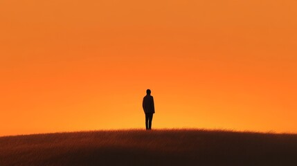A solitary figure stands on a grassy field, silhouetted against a brilliant orange sunset. The image evokes feelings of solitude, contemplation, and the vastness of the natural world. The person's sta