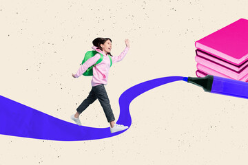 Composite photo collage of happy schoolgirl walk marker path book stack library bookworm hobby...