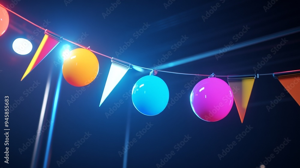 Poster a string of vibrant neon-colored bunting and flags hangs against a dark backdrop. the flags are tria