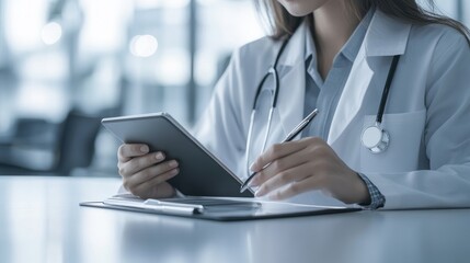 Obraz premium Doctor and patient using tablet to review medical data in clinic setting